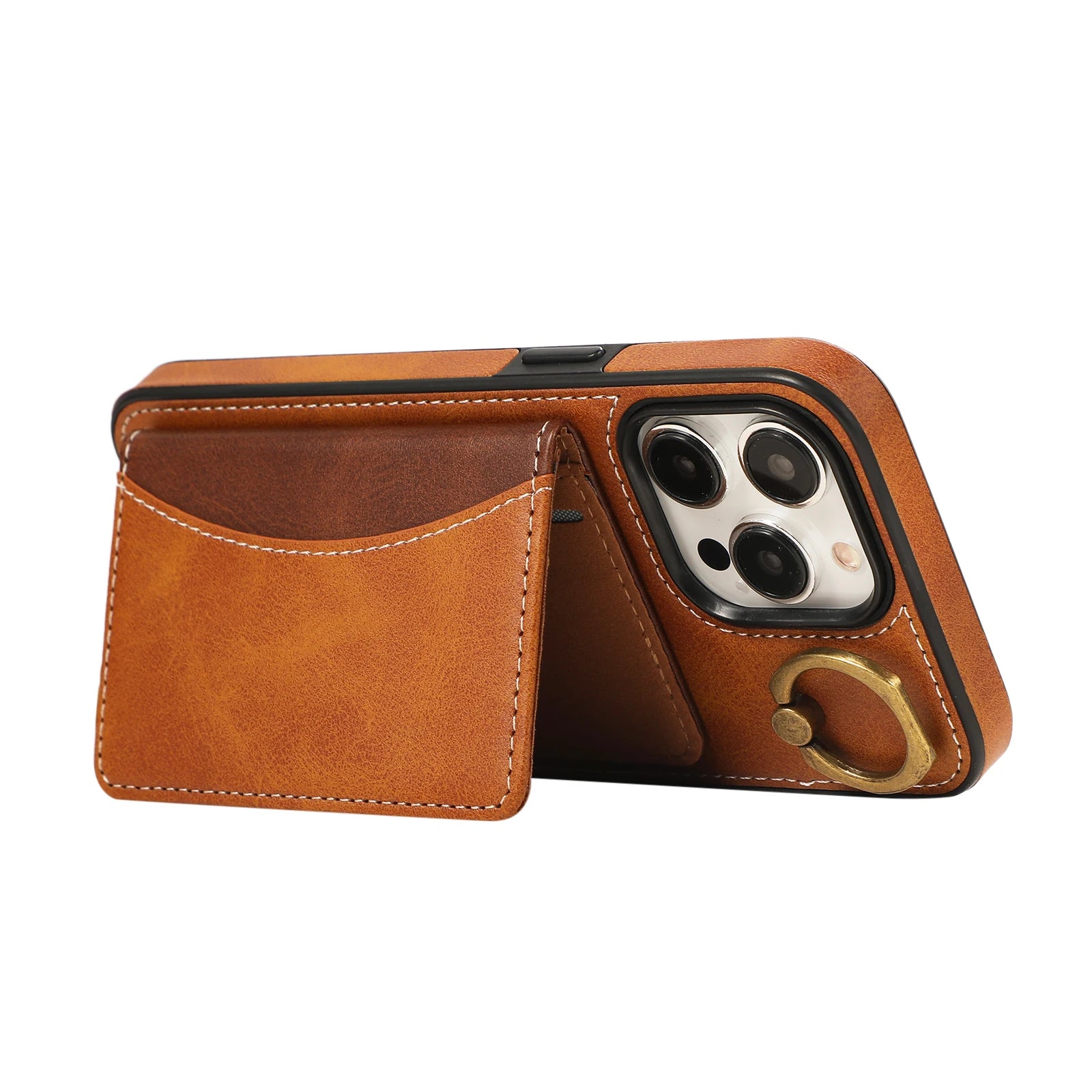 Cards Bag Ring Holder Leather Wallet Case For iPhone Stand Strap Solt Purse Cover