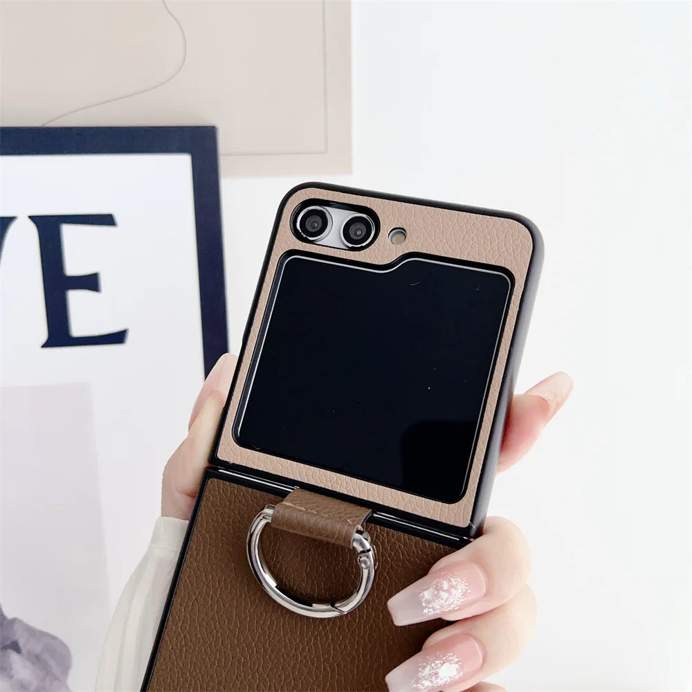 Ring Holder Lichee Pattern Case for Samsung Galaxy Z Flip 6 5 4 3 Color Contrast Cover