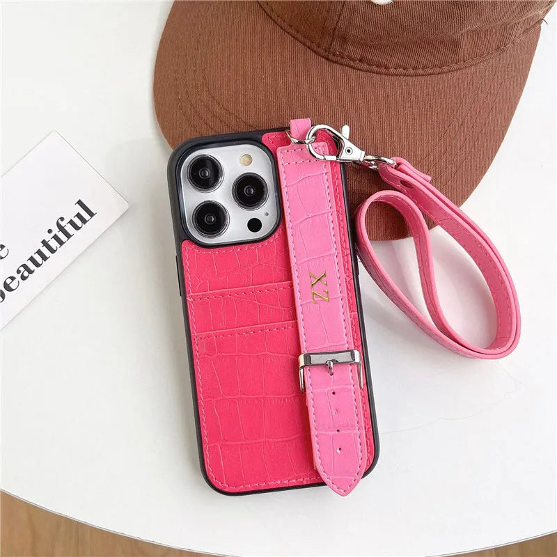 Customized Gold Letters PU Leather Card Holder Cases For iphone 12 13 14 15 16 Pro Max Pro Plus Luxury Wrist Strap hard Cover