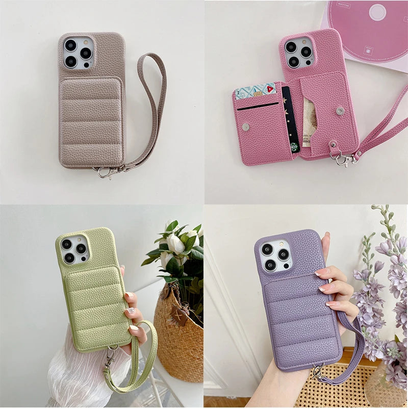 Wrist Strap Wallet Phone Case for iPhone, Luxury Litchi Patterned Shockproof PU Leather Cover