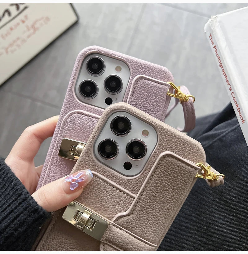 Sweet Multifunctional Lychee Patterned Lock Buckle Long Rope Crossbody Card Bag  Case For iPhone 16 15 14 Plus 13 12 11Pro Max