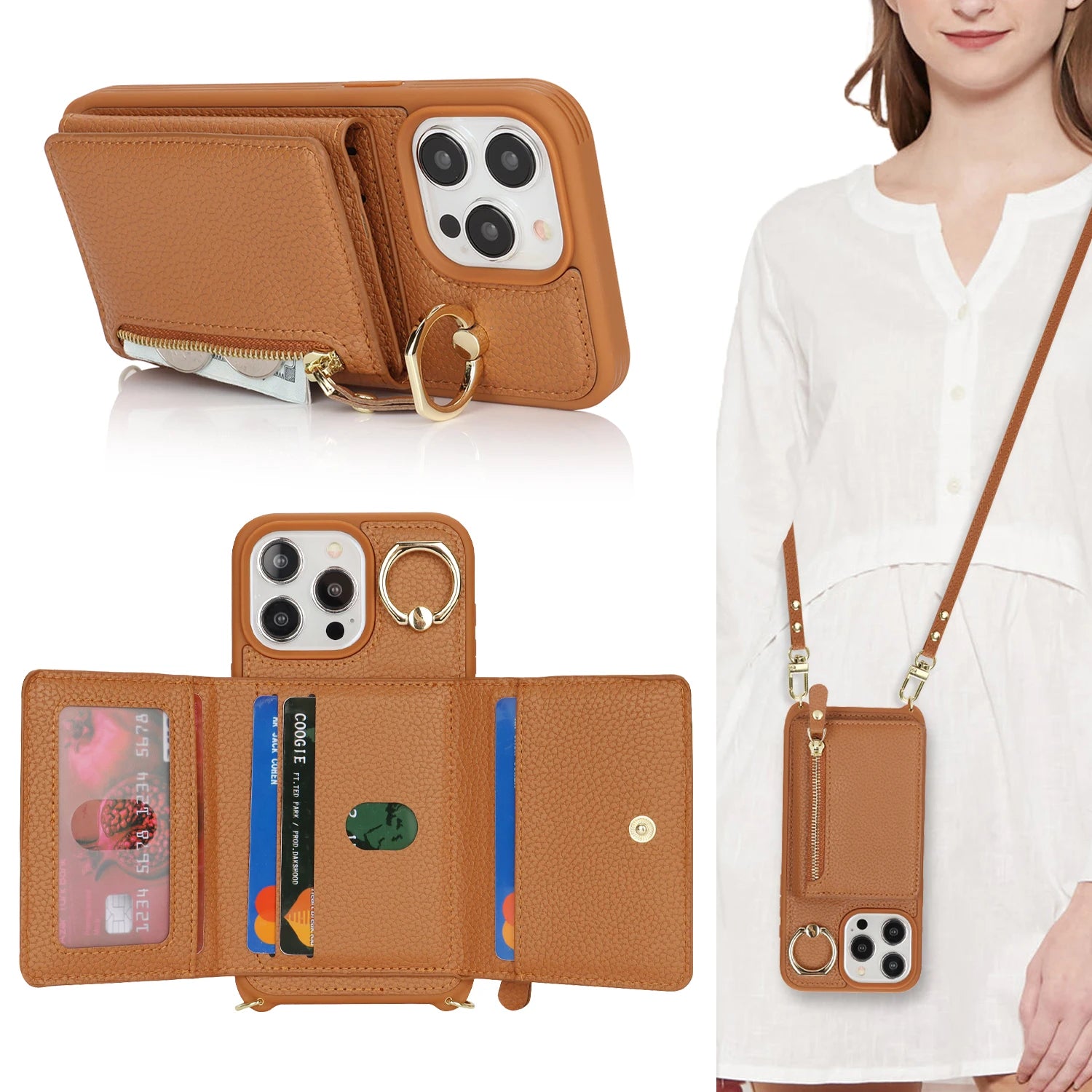 Leather Phone Wallet Case For Iphone Protective Leather Cover Ring Holder Zipper Cards Holder