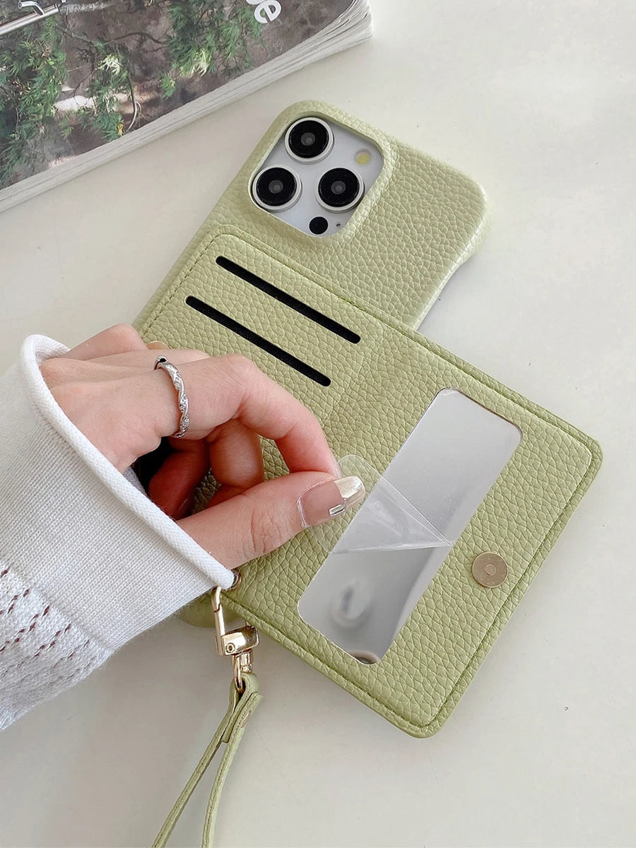 Luxury Lanyard Fold Card Holder PU Leather Case For iPhone Lichee Pattern Mirror Zipper Cover