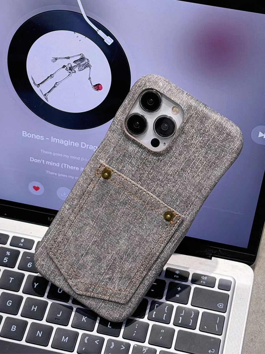 Luxury Denim Leather Card Bag Case For iPhone