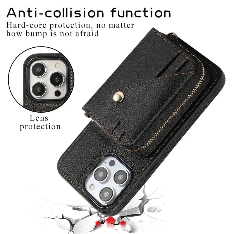 Lanyard Leather Zip Wallet Card Phone Case