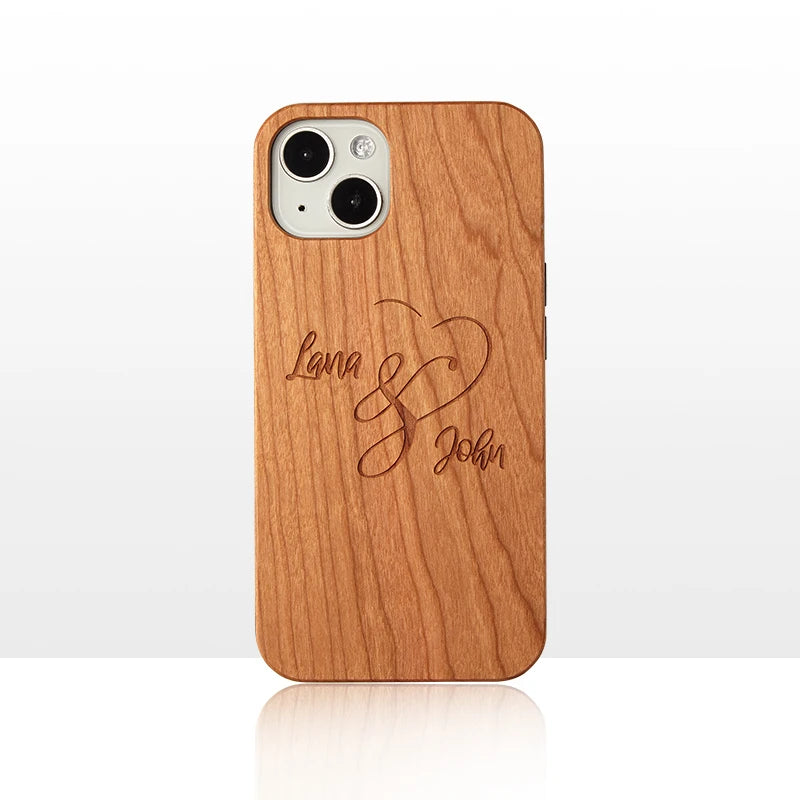 Personalized Custom Text Name Real Wood Phone Case For iPhone 15-12 Cherry Walnut Wooden Cover