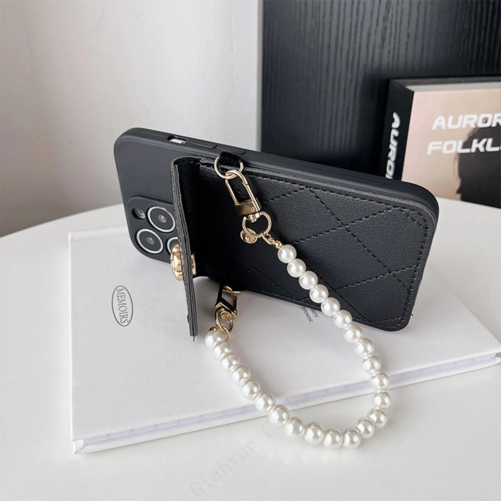 3D metal Pearl Strap Holder Phone Case