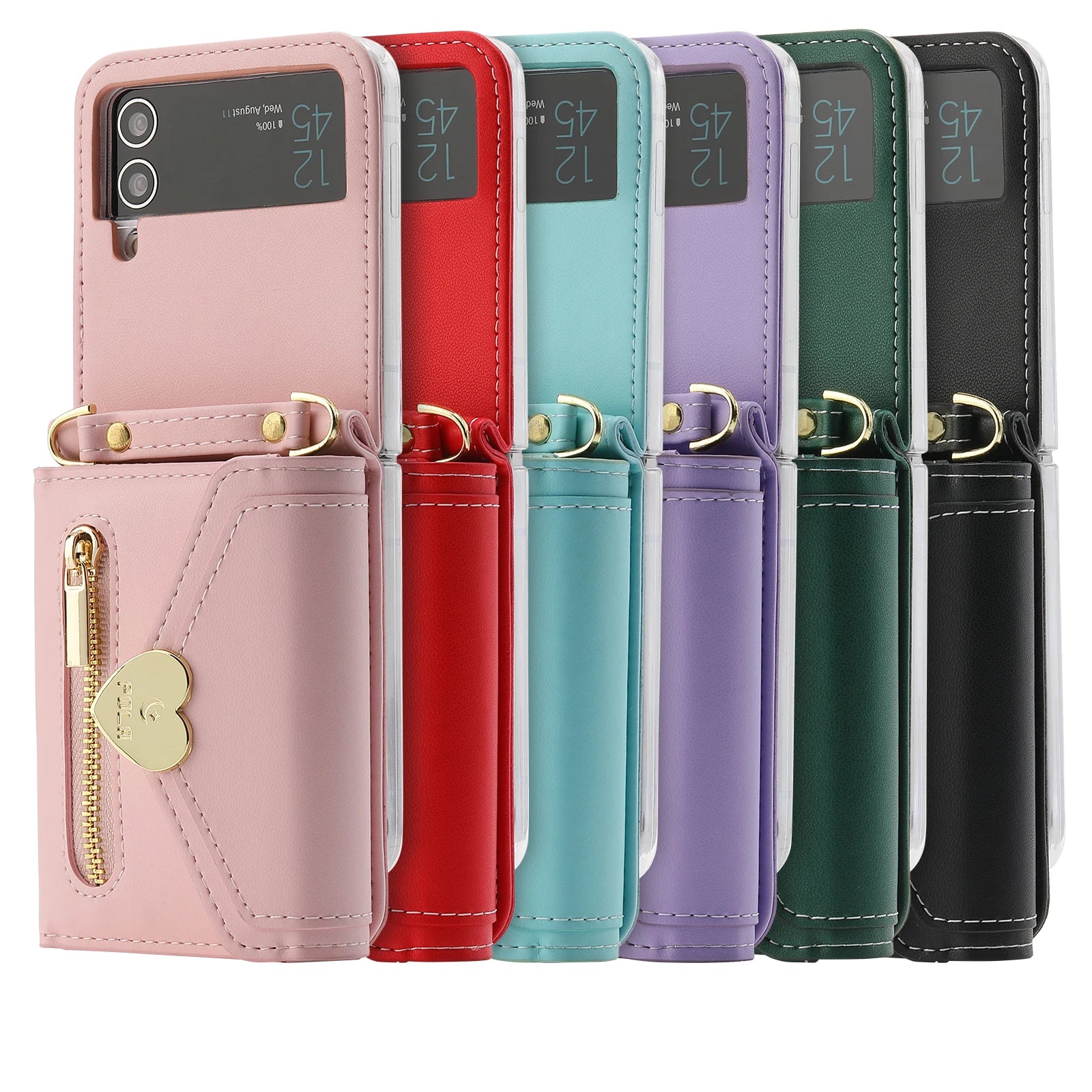 Zippered Cards Wallet Phone Case for Samsung Galaxy Z Flip5 Flip6 Flip4 Hinge Coverage Leather Cover With Strap