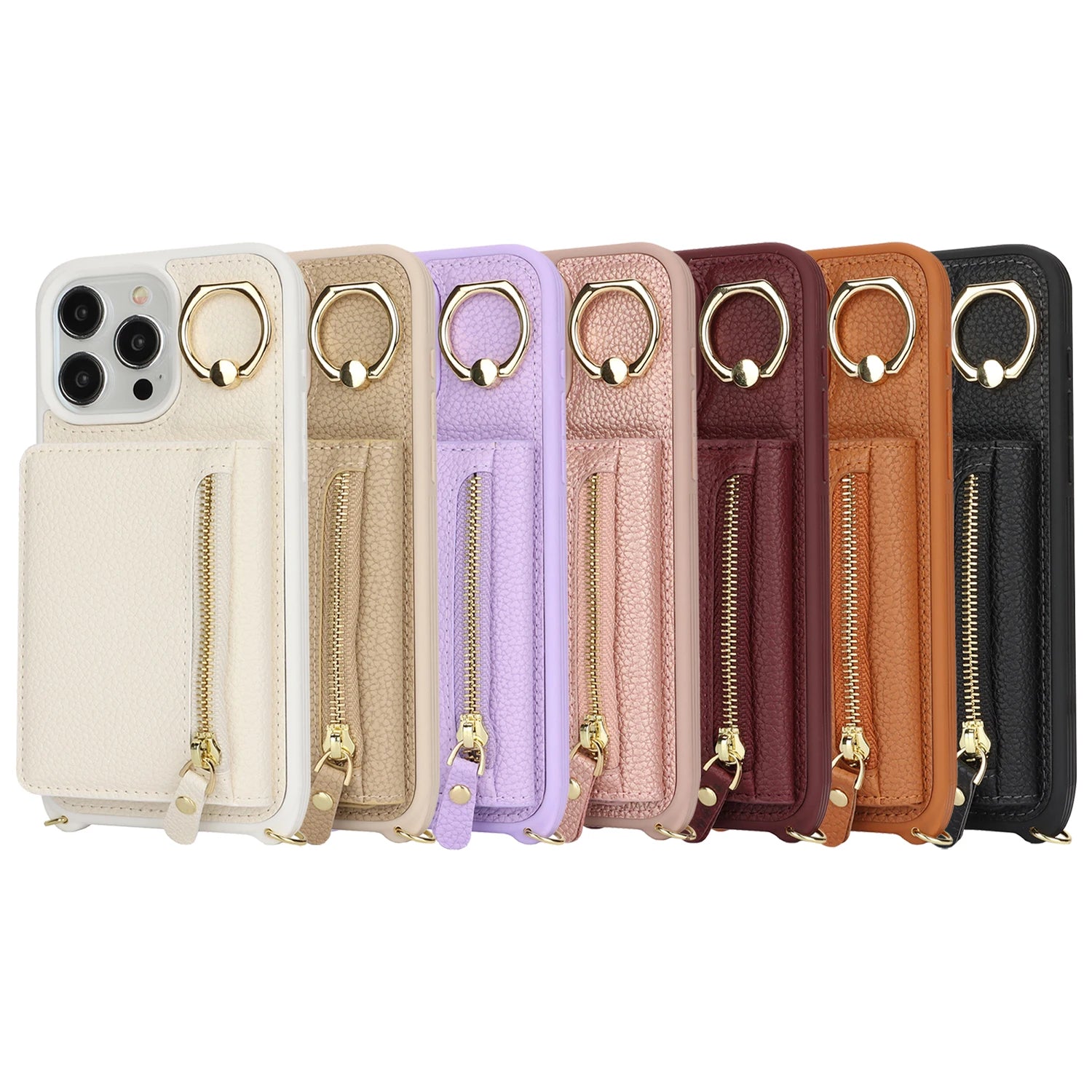 Leather Phone Wallet Case For Iphone Protective Leather Cover Ring Holder Zipper Cards Holder