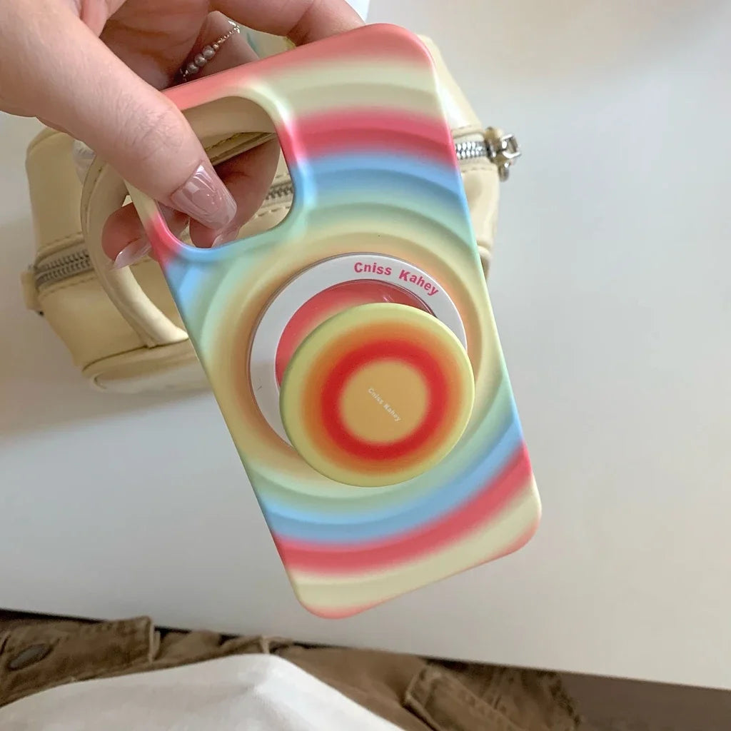 2in1 Rainbow Circle Ripple Pattern Matte With Holder Magnetic Wireless Charging Phone Cover Case