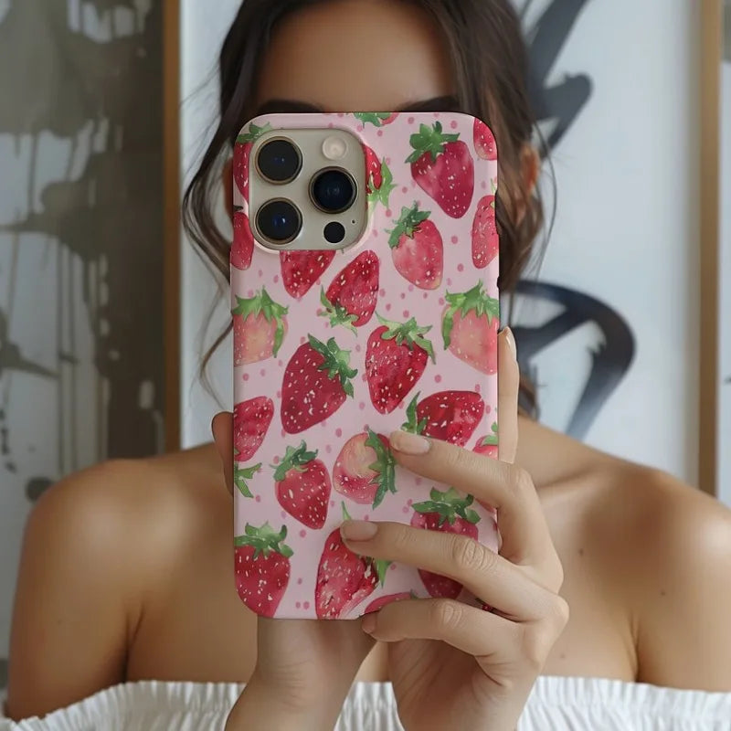 Watercolor Strawberry Phone Case For iPhone 15 Pro Max 14 13 12 11 Pro Plus Acrylic TPU Two in one Mobile Phone Case