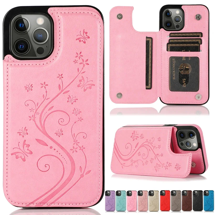 Wallet Butterfly Embossing Magnetic Flip Leather Case for iPhone 15 14 13 12 Pro Max Plus