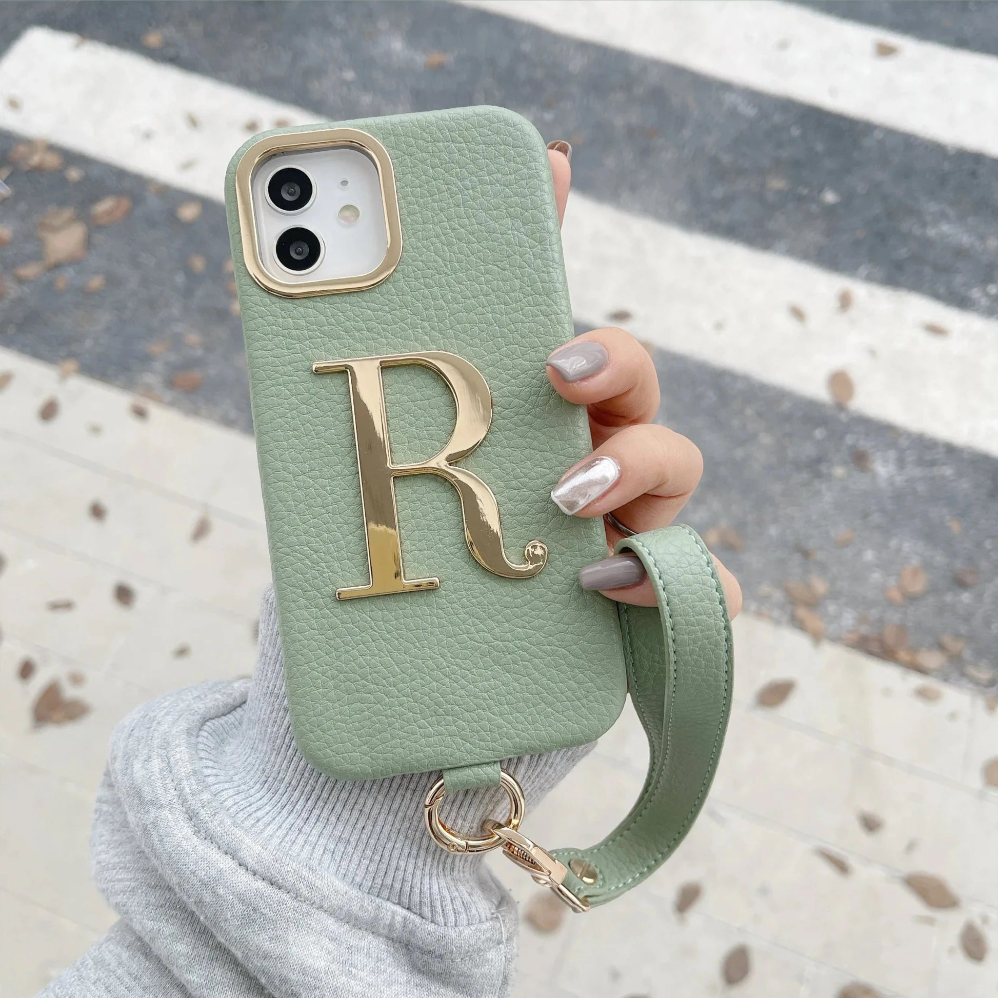 Leather Custom Initial Leather Hand Rope Gold Letters Phone Case For iPhone16 15 14 13 12 11 Pro Max Plus Pro Cover