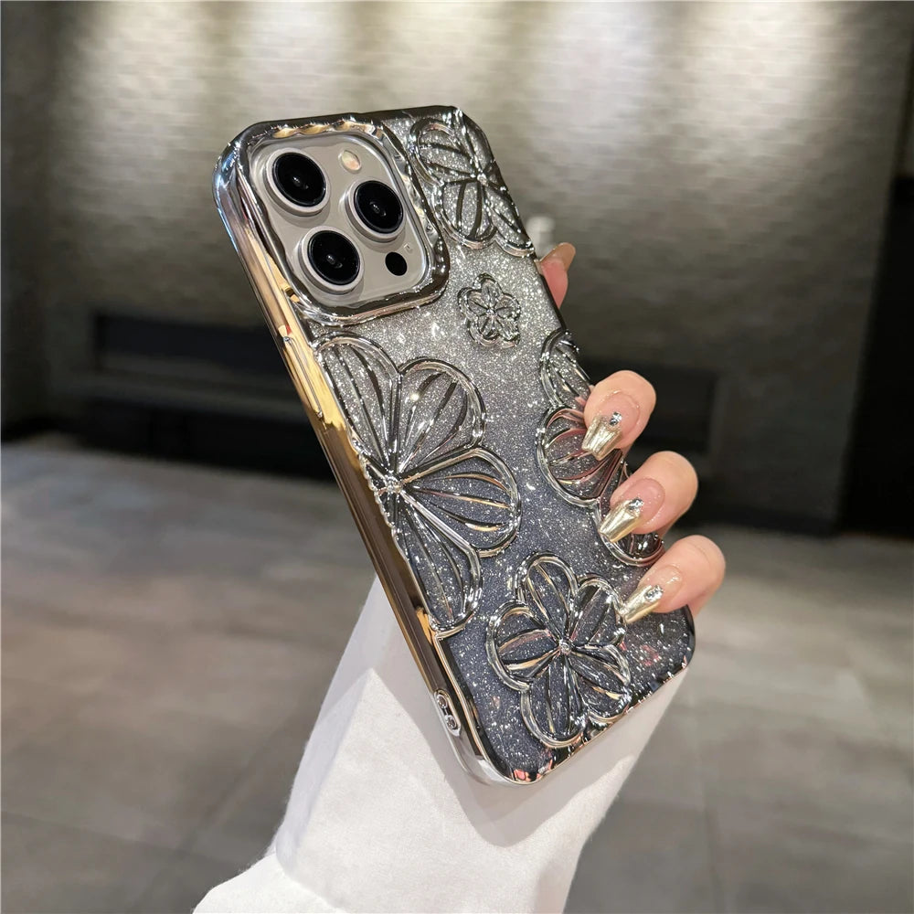 For iPhone Flash Glitter Flowers Plating Frame Phone Case Soft Protective Cover