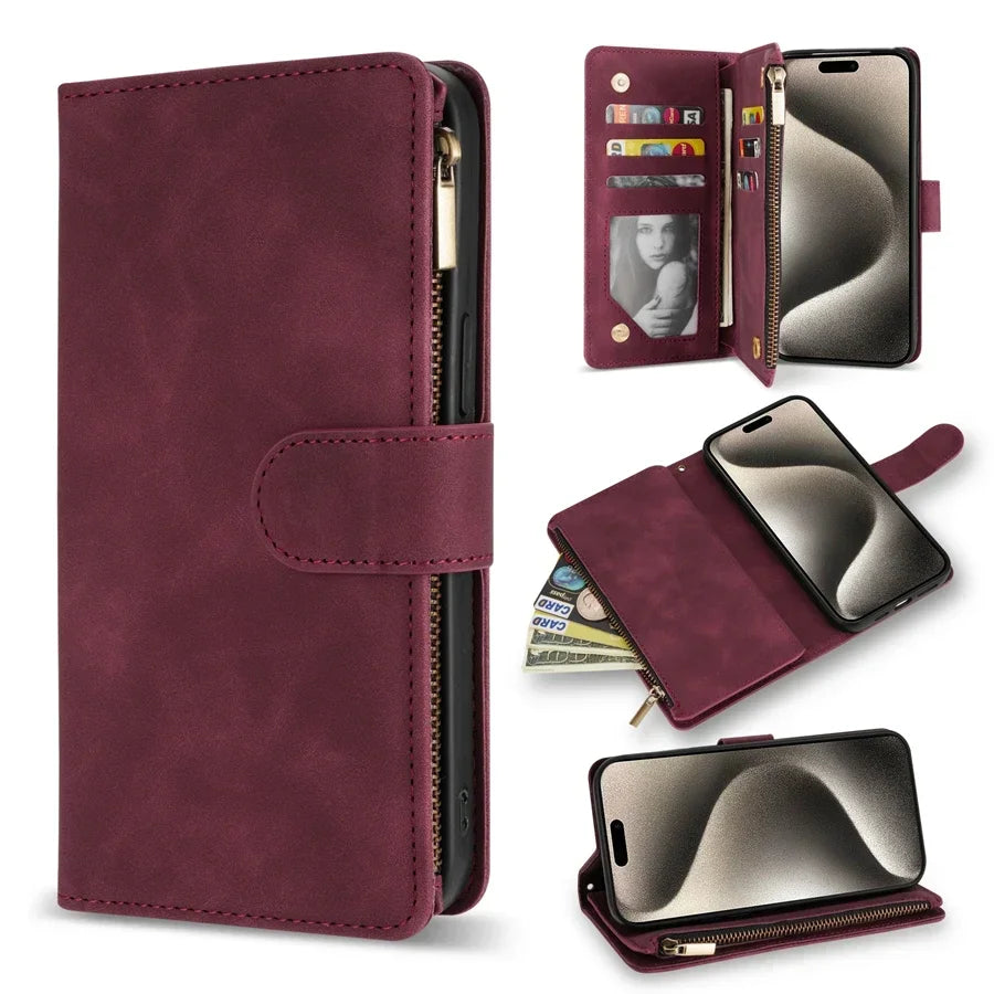 Classic Wallet Multi-Card Zipper Leather Case with Kickstand & Magnetic Flip for iPhone 16 15 14 13 12 11 Pro Max Plus