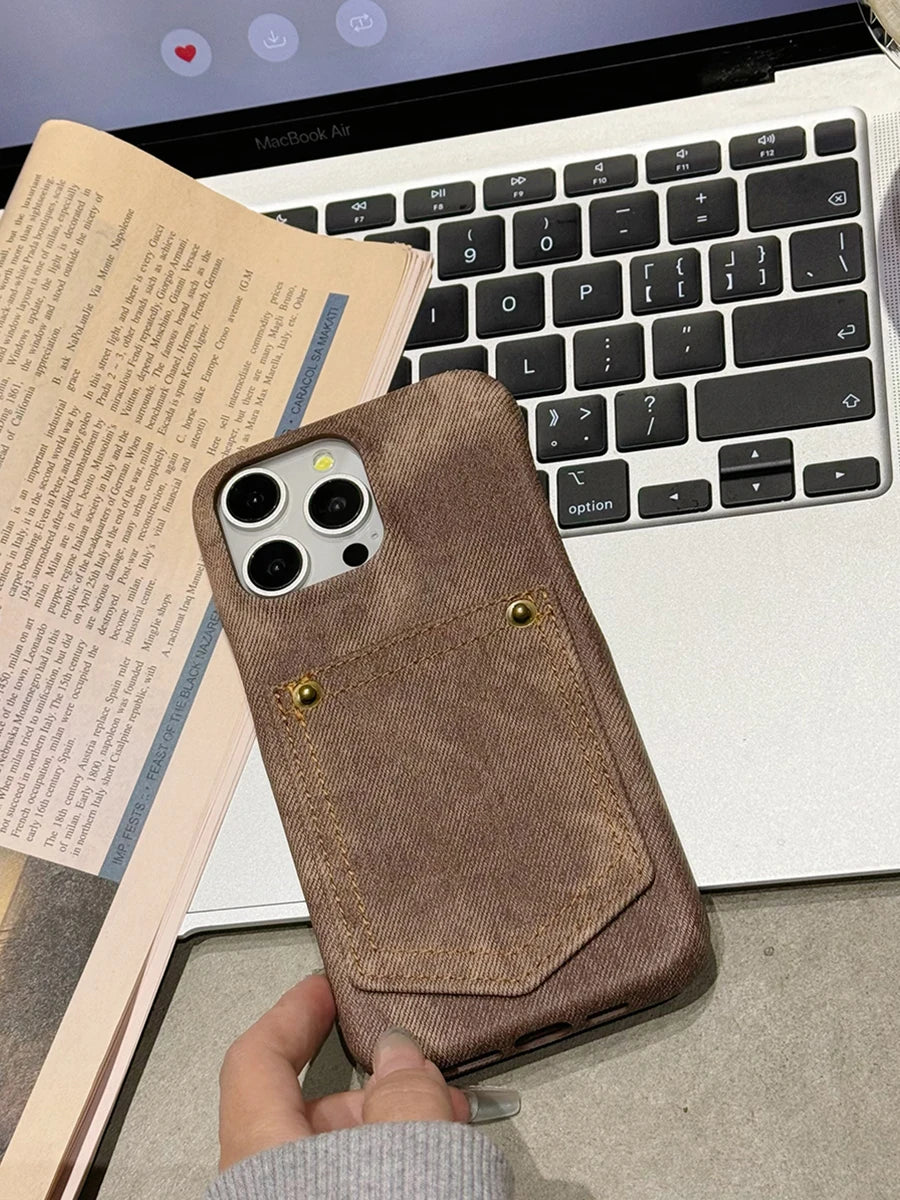 Luxury Denim Leather Card Bag Case For iPhone