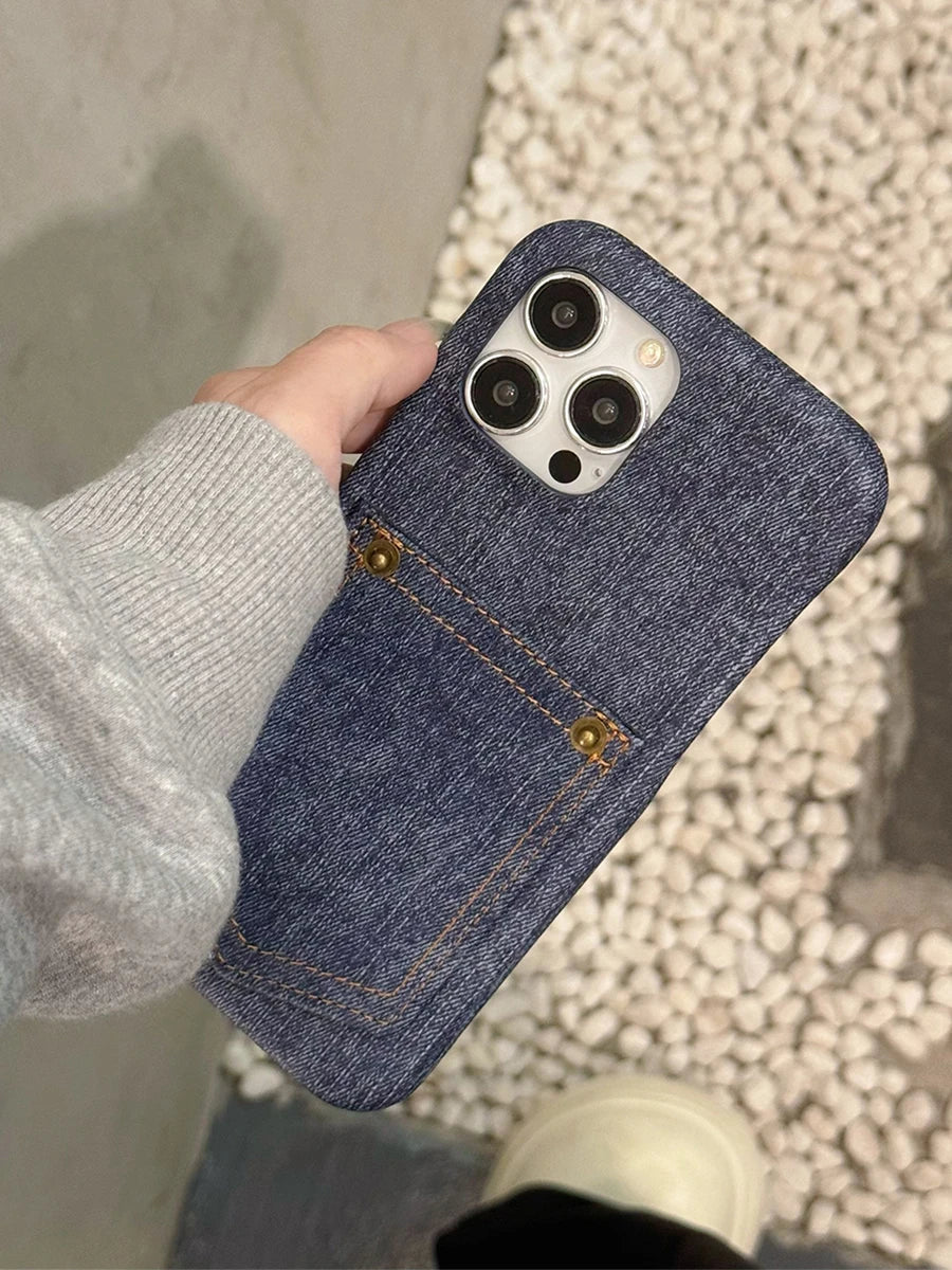 Luxury Denim Leather Card Bag Case For iPhone