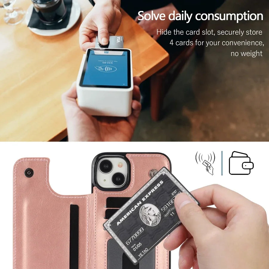 Wallet Solid Double Button Card Stand Flip Leather Case For iPhone