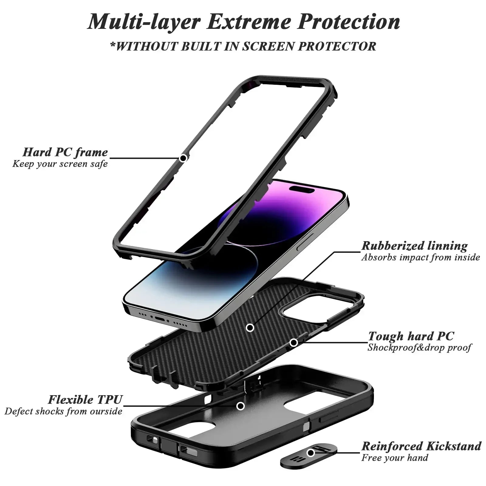 Heavy Duty Drop-Proof Scratch-Resistant 3-Layer Military-Spec iPhone Case – with Stand, Sliding Camera Design, Anti-Fingerprint & Dustproof