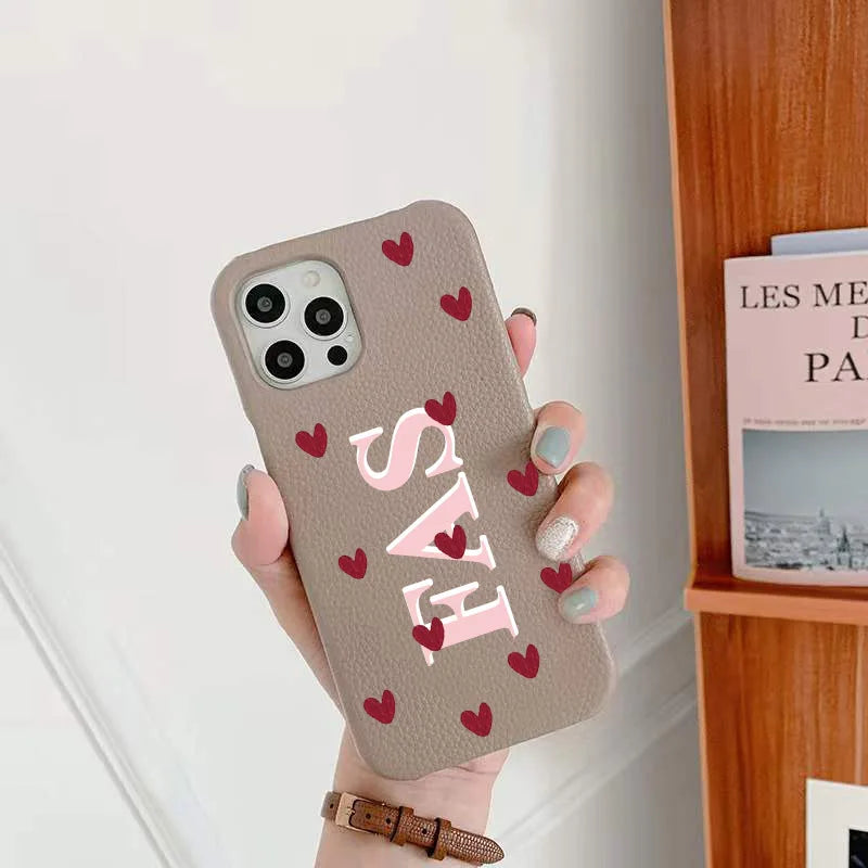 Personalized Love Hearts PU Leather Case with Custom Name & Initials for iPhone 11-16 Pro Max｜Luxury Hard Half-Wrapped Cover