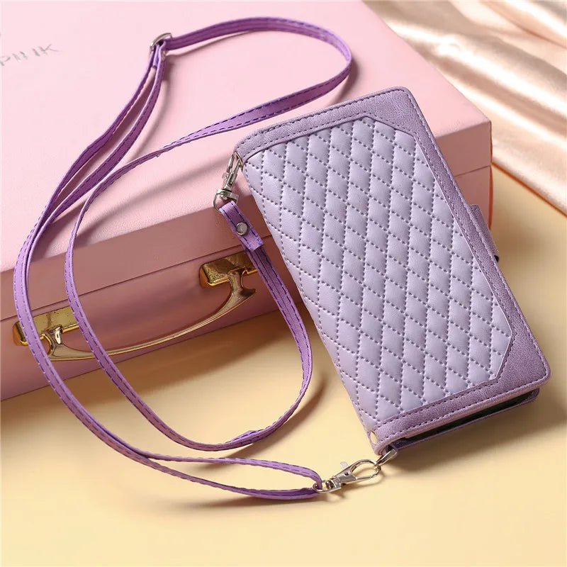 Zippered Multi-Card Slots Flip Leather Phone Case for iPhone Lozenge Wallet Card Holder with Long Lanyard, Short Bracelet