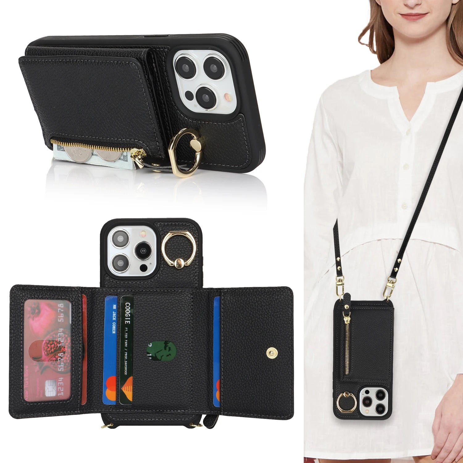 Leather Phone Wallet Case For Iphone Protective Leather Cover Ring Holder Zipper Cards Holder