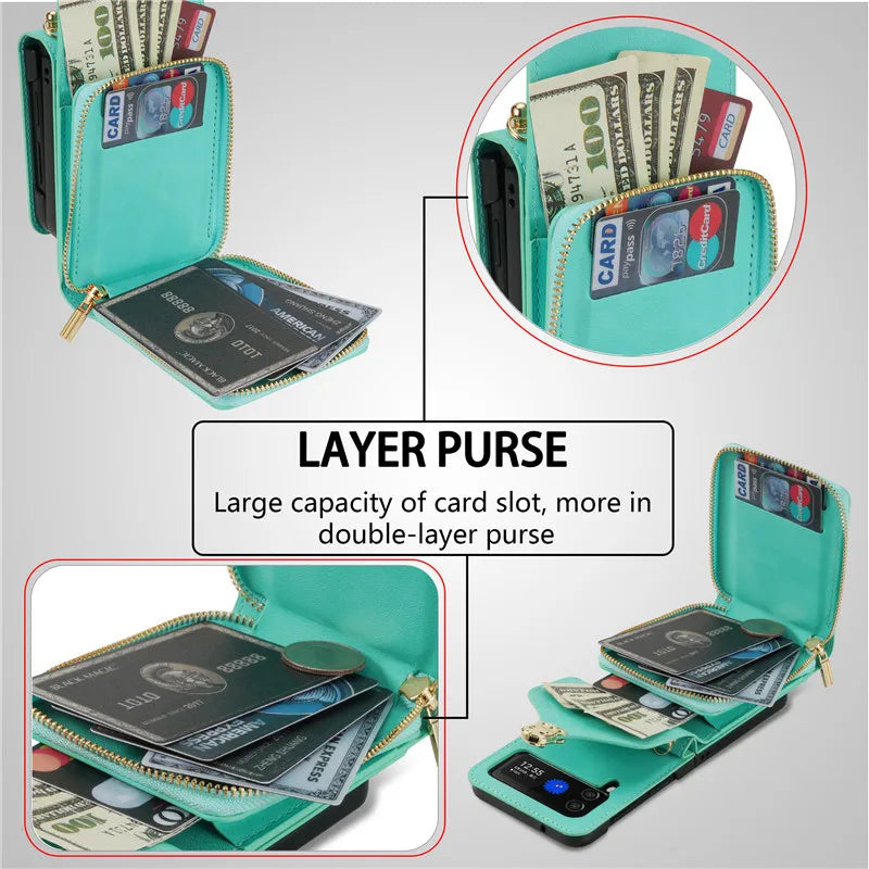 Lanyard Leather Zipper Wallet Card Slot Phone Case for Samsung Galaxy Z Flip 3/4/5