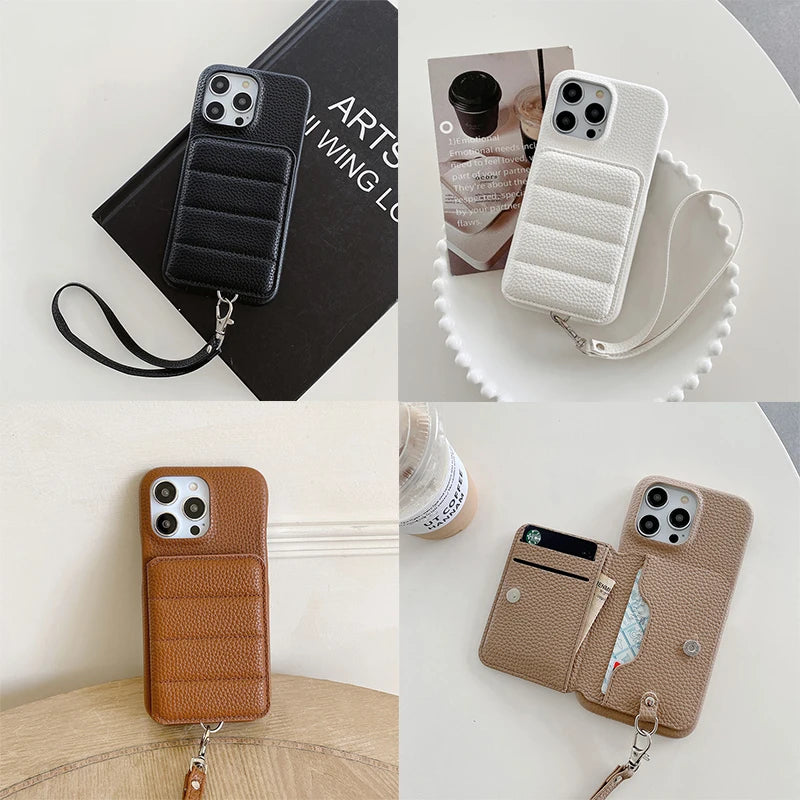 Wrist Strap Wallet Phone Case for iPhone, Luxury Litchi Patterned Shockproof PU Leather Cover