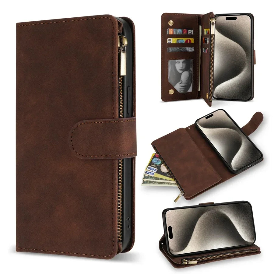 Classic Wallet Multi-Card Zipper Leather Case with Kickstand & Magnetic Flip for iPhone 16 15 14 13 12 11 Pro Max Plus