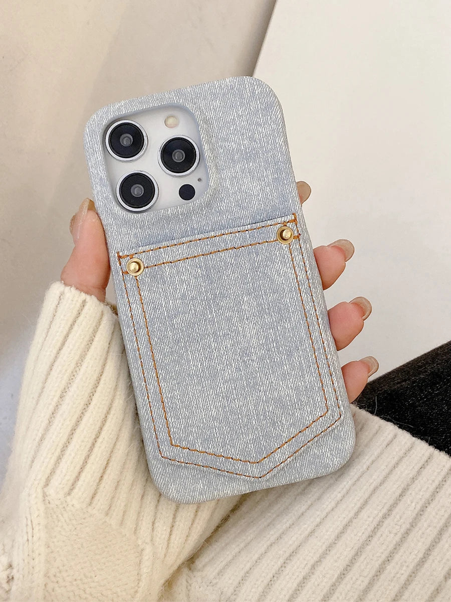 Luxury Denim Leather Card Bag Case For iPhone