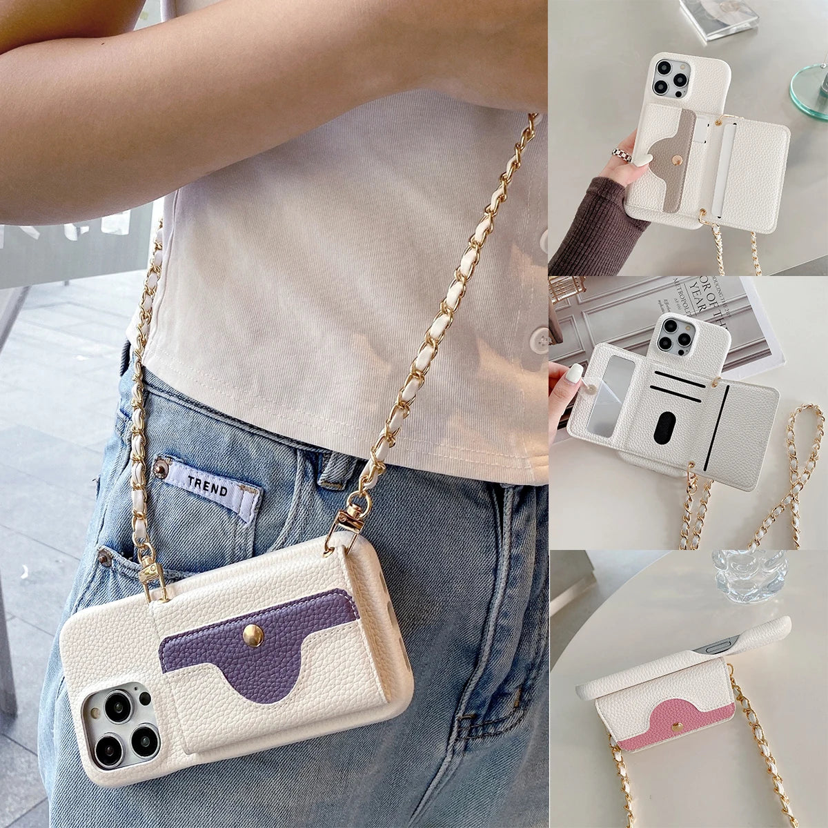 Metal Chain Strap Leather Wallet Phone Case For iPhone Small Mirror Card Holder