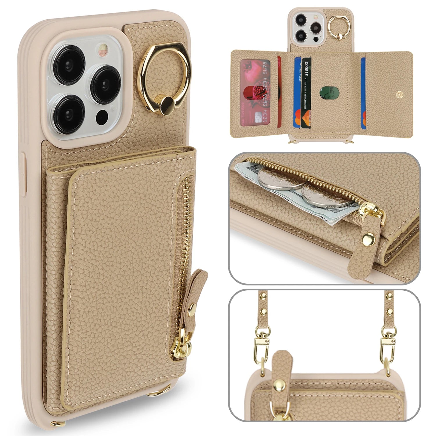 Leather Phone Wallet Case For Iphone Protective Leather Cover Ring Holder Zipper Cards Holder