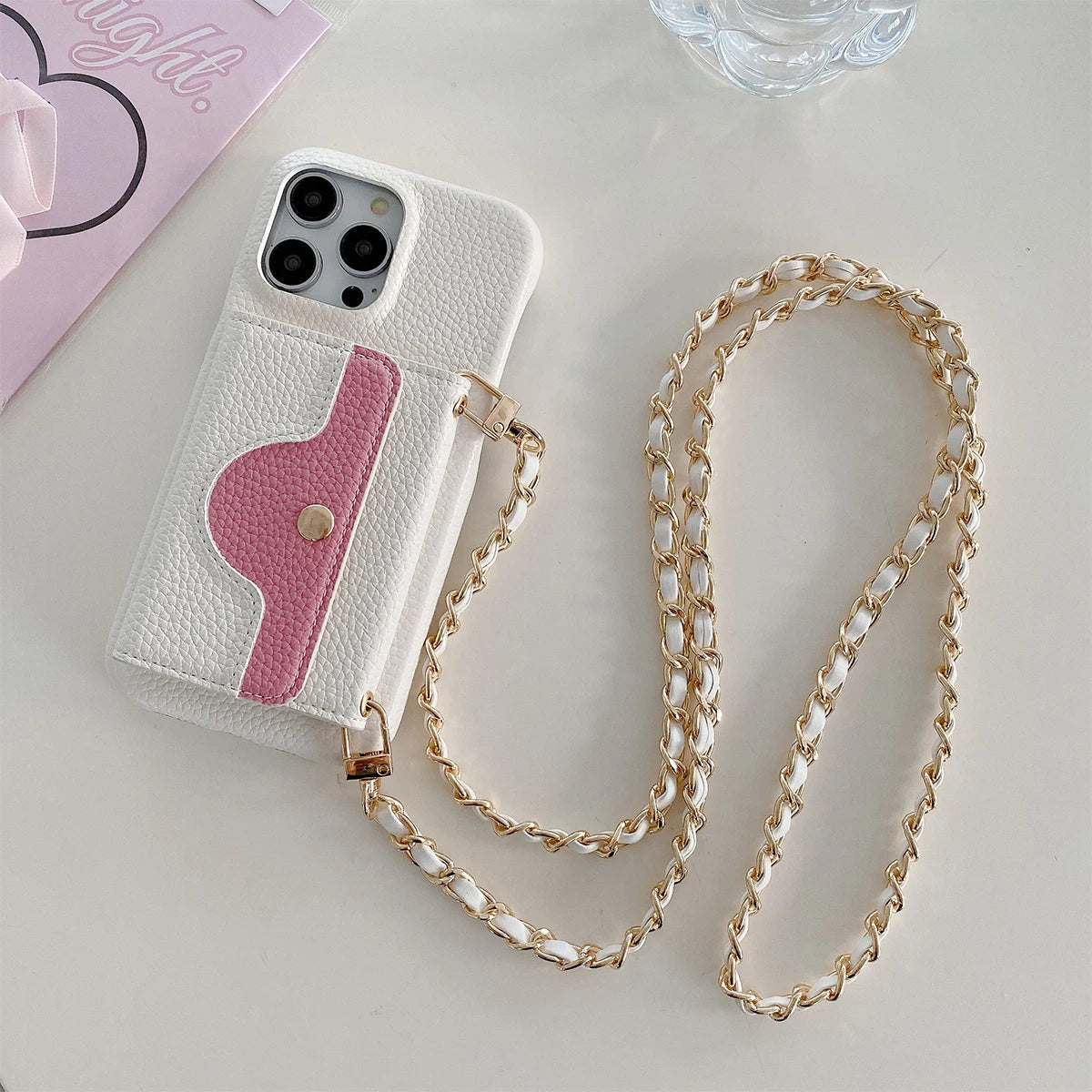 Metal Chain Strap Leather Wallet Phone Case For iPhone Small Mirror Card Holder