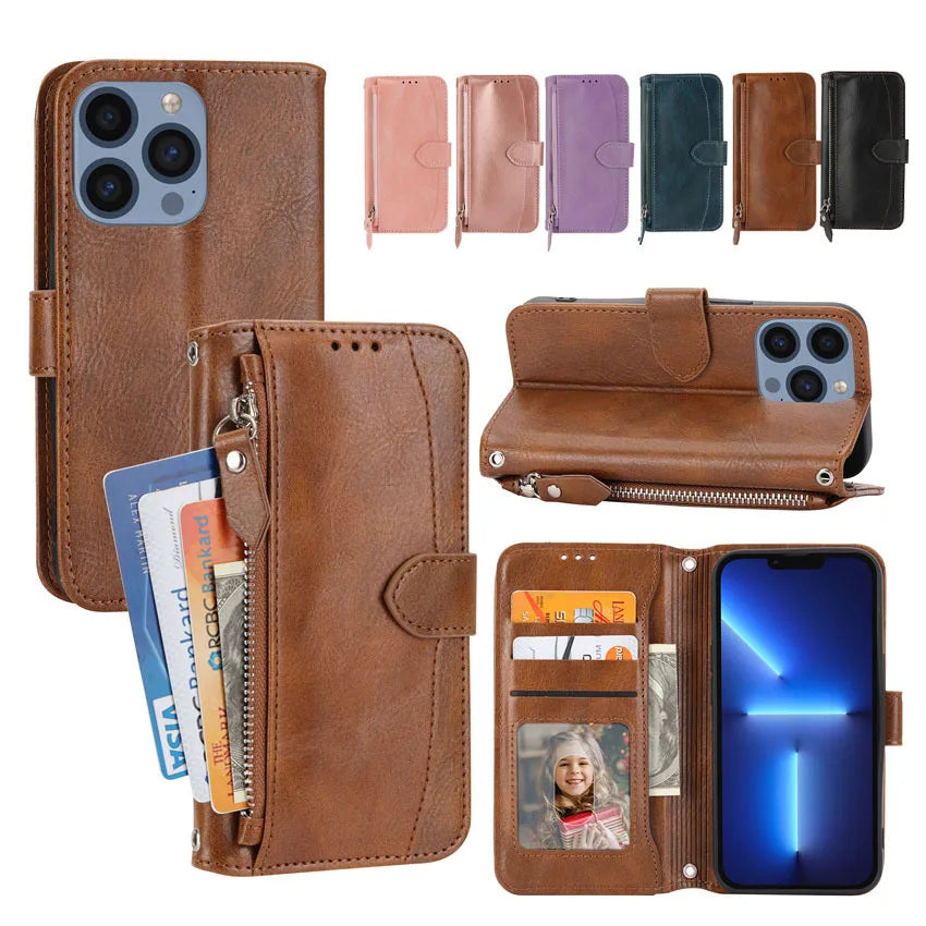 Fashion Zipper Wallet Phone Case For iPhone Bag Flip Card Leather Book Cover