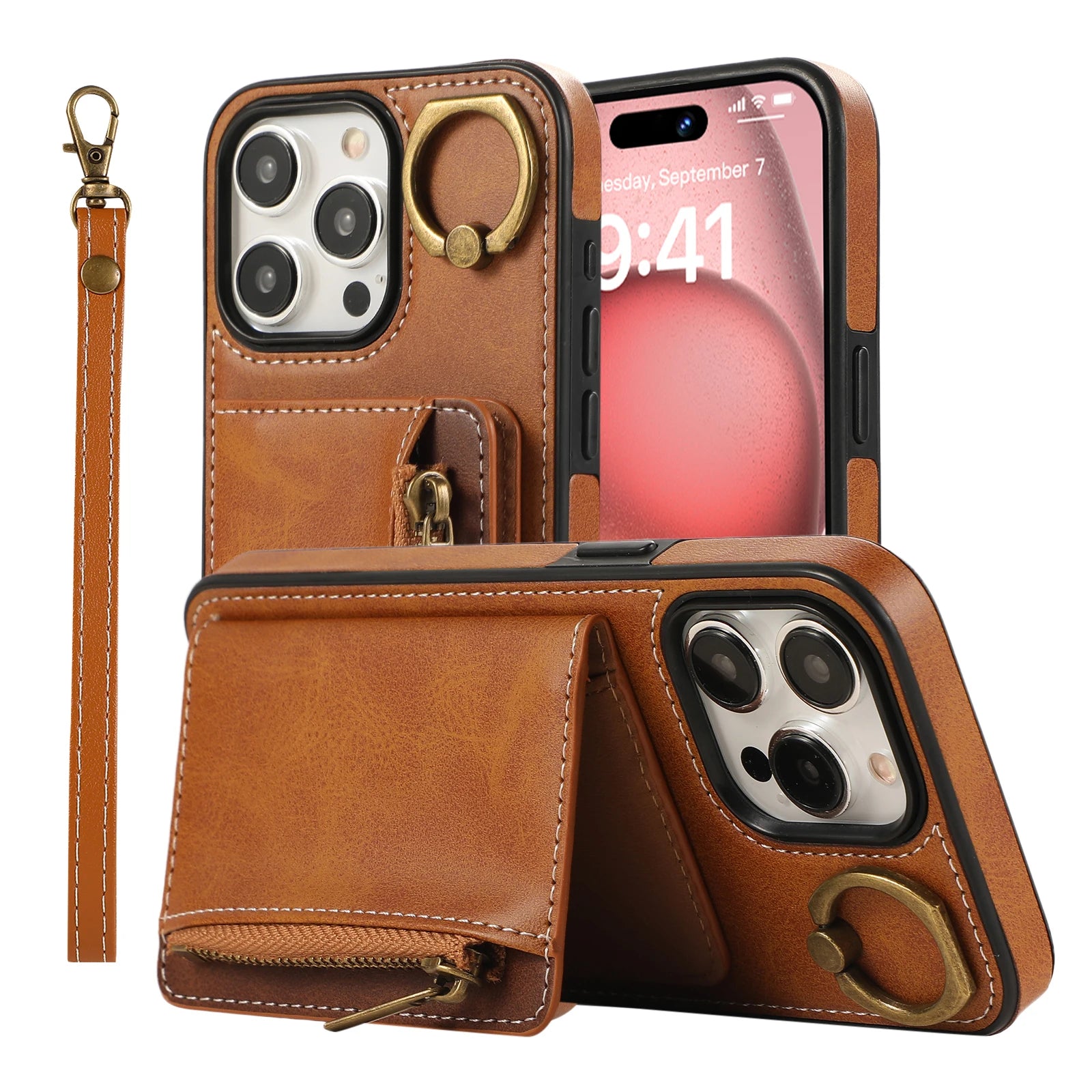 Zipper Cards Bag Ring Holder Leather Wallet Case For iPhone Stand Strap Purse Cover