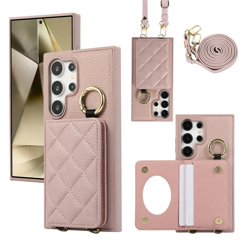 Luxurious Lichee Pattern Card Stand Holder Crossbody Wallet Case for Samsung Galaxy S Series