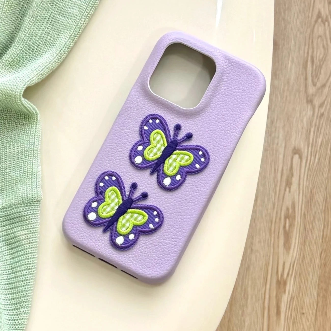 Purple Background Embroidery Butterfly Leather Phone Case for iPhone