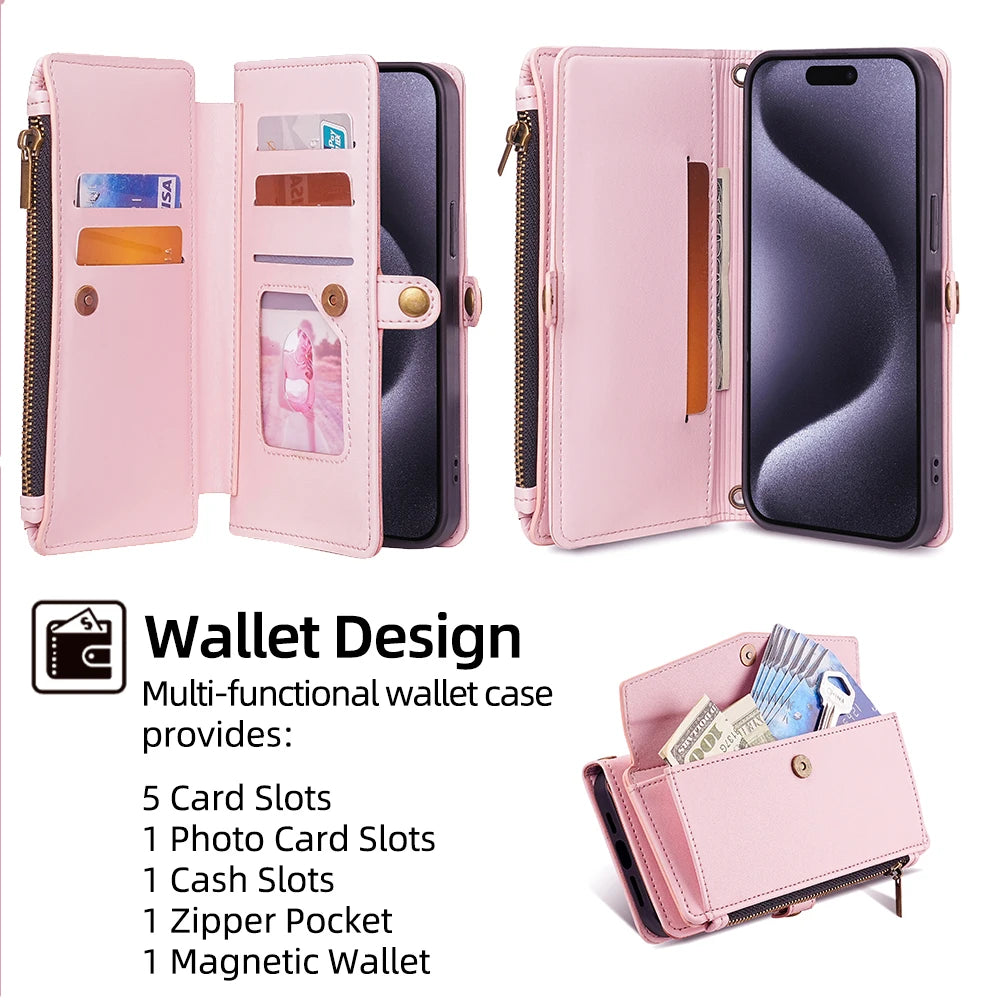 Card Slots Wallet Crossbody Phone Case For iPhone | Leather Flip Cover With Strap