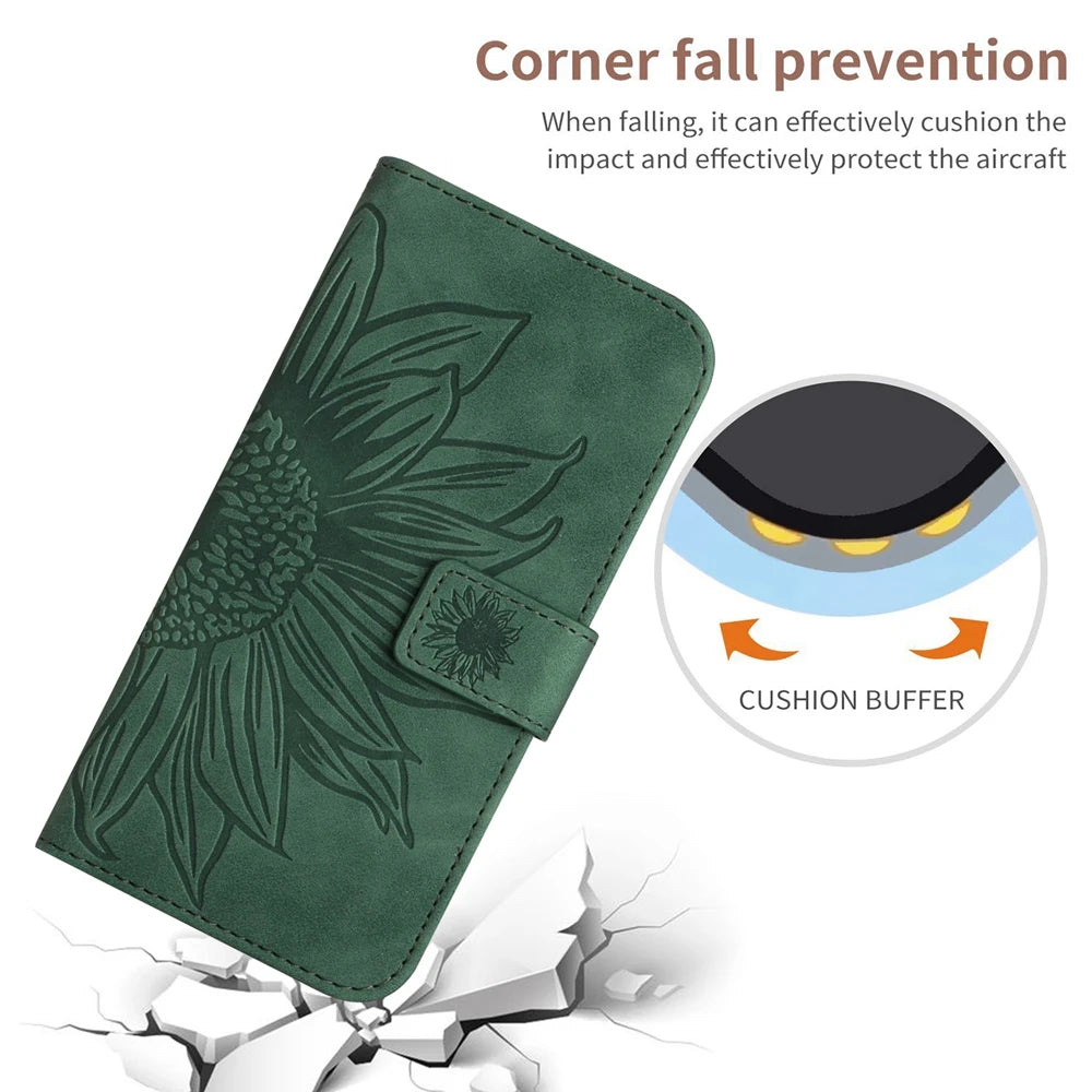 Sunflower Leather Wallet Flip Phone Case for iPhone 16 15 14 13 12 11 Pro Max Plus Mini X XR – Card Holder, Shockproof, Stand, Magnetic Closure