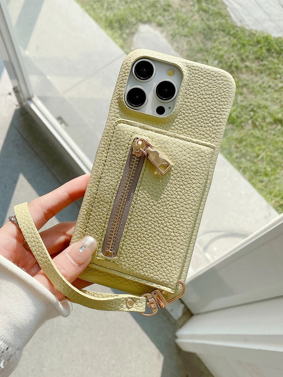 Luxury Lanyard Fold Card Holder PU Leather Case For iPhone Lichee Pattern Mirror Zipper Cover