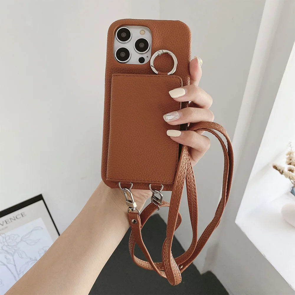 Crossbody Wallet Phone Case For iPhone Leather Mirror Card Slot Lanyard Shoulder Strap