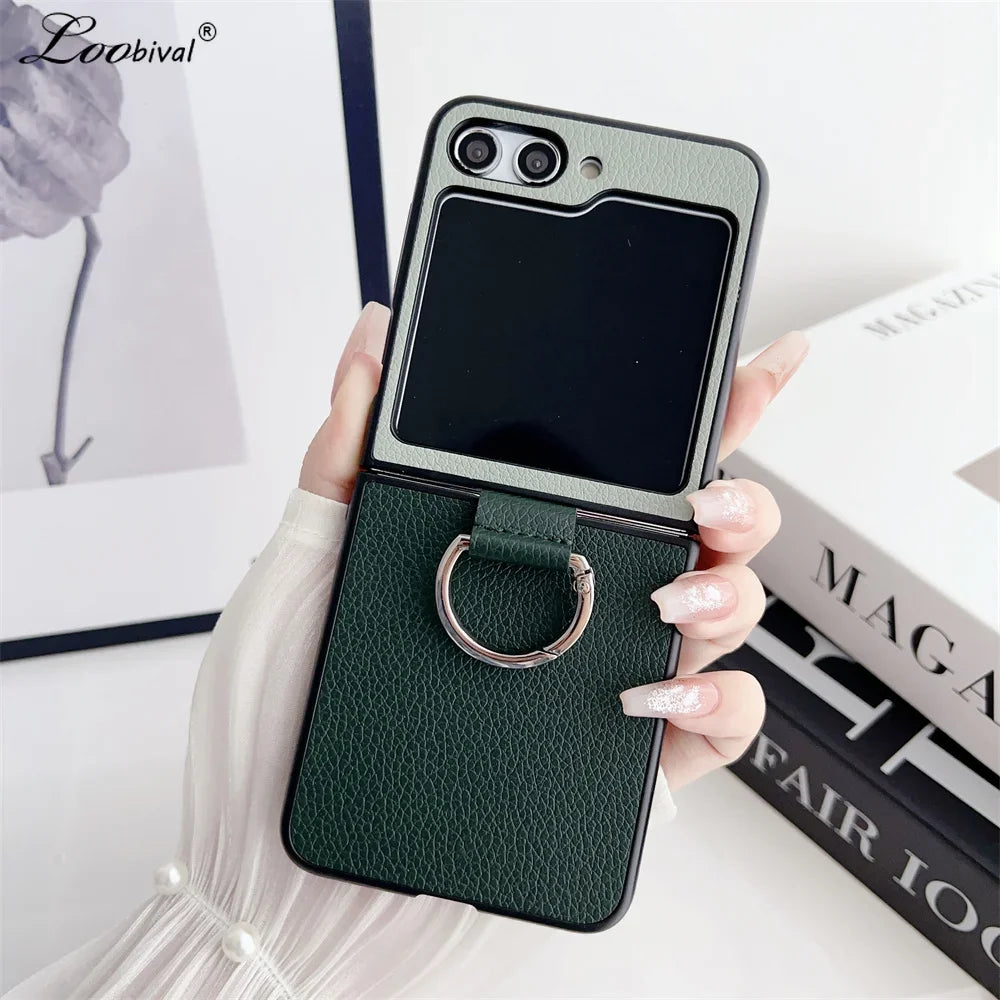 Ring Holder Lichee Pattern Case for Samsung Galaxy Z Flip 6 5 4 3 Color Contrast Cover