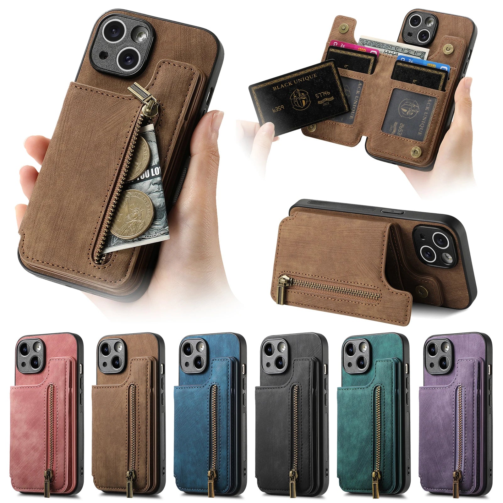 Zipper Cards Solt Wallet Leather Phone Case For iPhone Pocket Magnetic Double Buckle