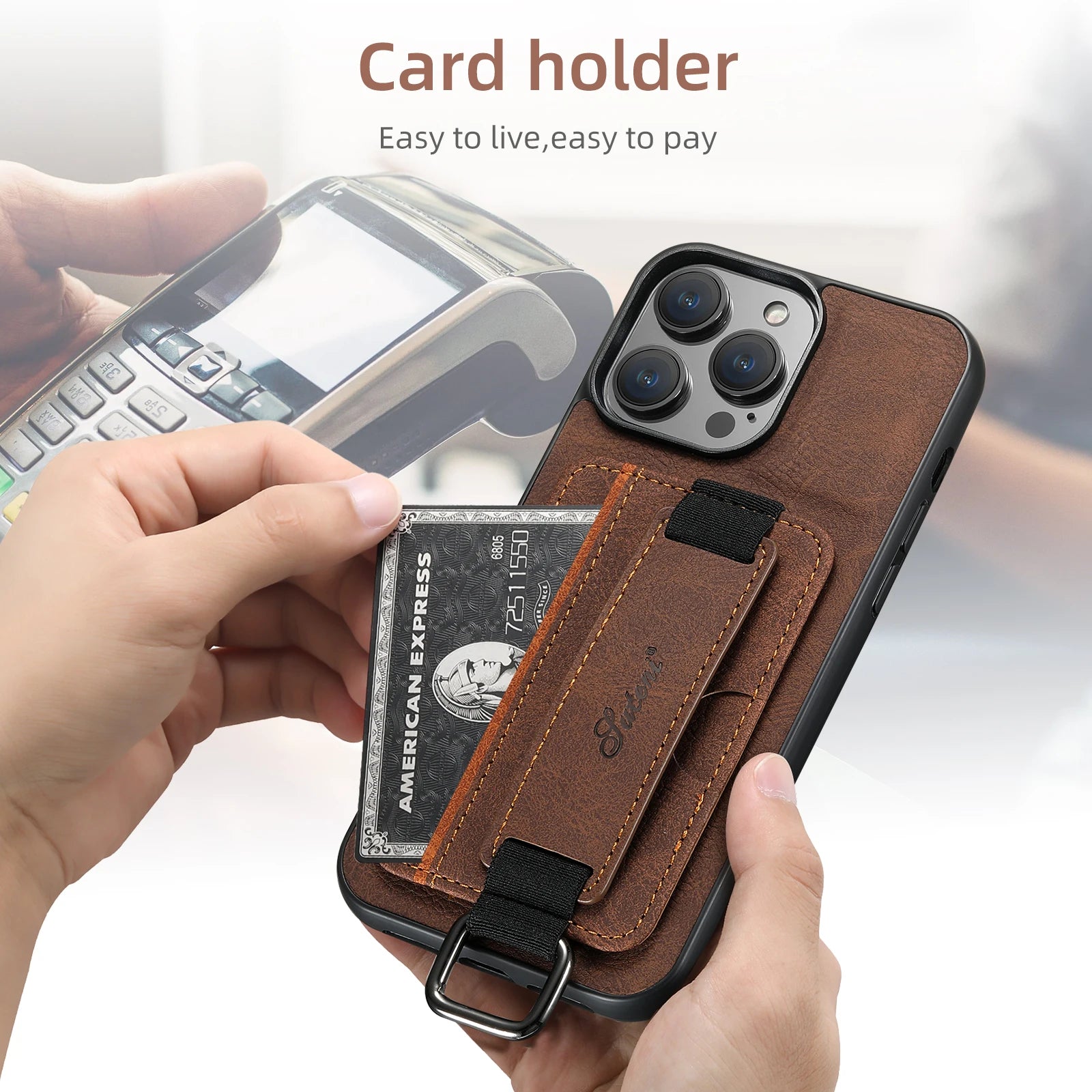 Luxury Leather Card Holder Phone Case For iPhone | Wrist Ring Shell Wallet Shockproof Cover