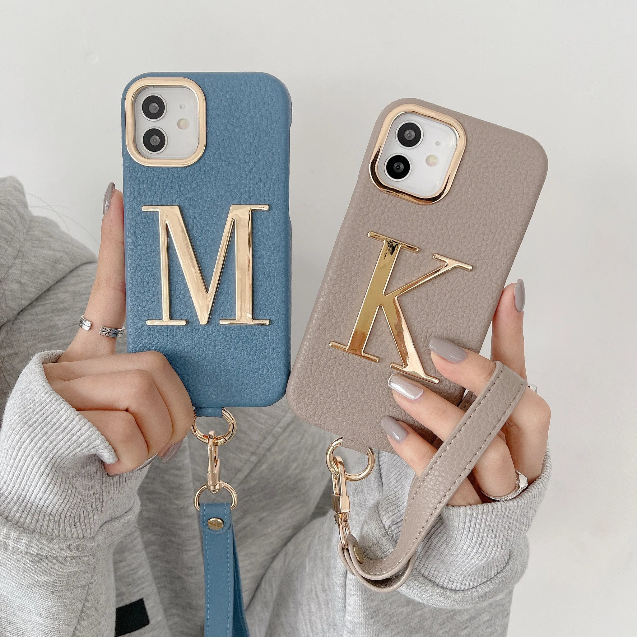 Leather Custom Initial Leather Hand Rope Gold Letters Phone Case For iPhone16 15 14 13 12 11 Pro Max Plus Pro Cover