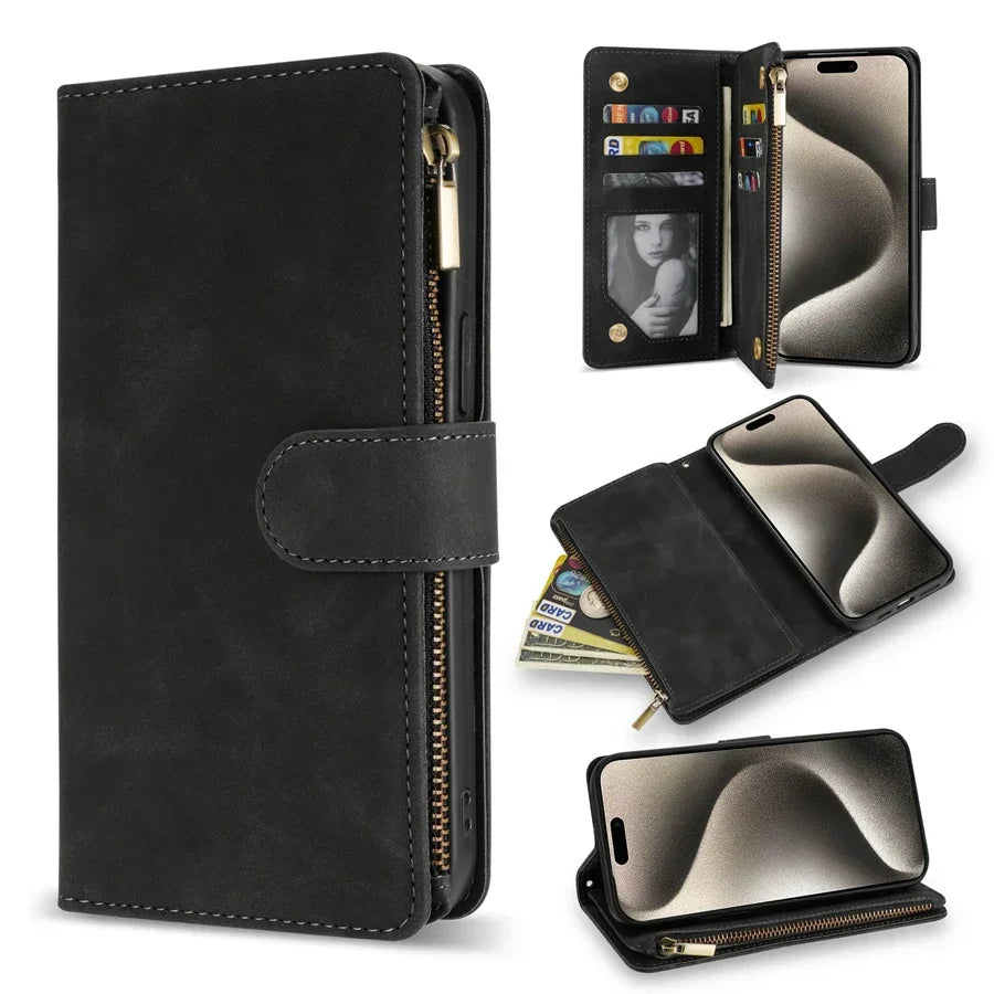 Classic Wallet Multi-Card Zipper Leather Case with Kickstand & Magnetic Flip for iPhone 16 15 14 13 12 11 Pro Max Plus