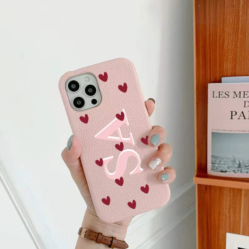 Personalized Love Hearts PU Leather Case with Custom Name & Initials for iPhone 11-16 Pro Max｜Luxury Hard Half-Wrapped Cover