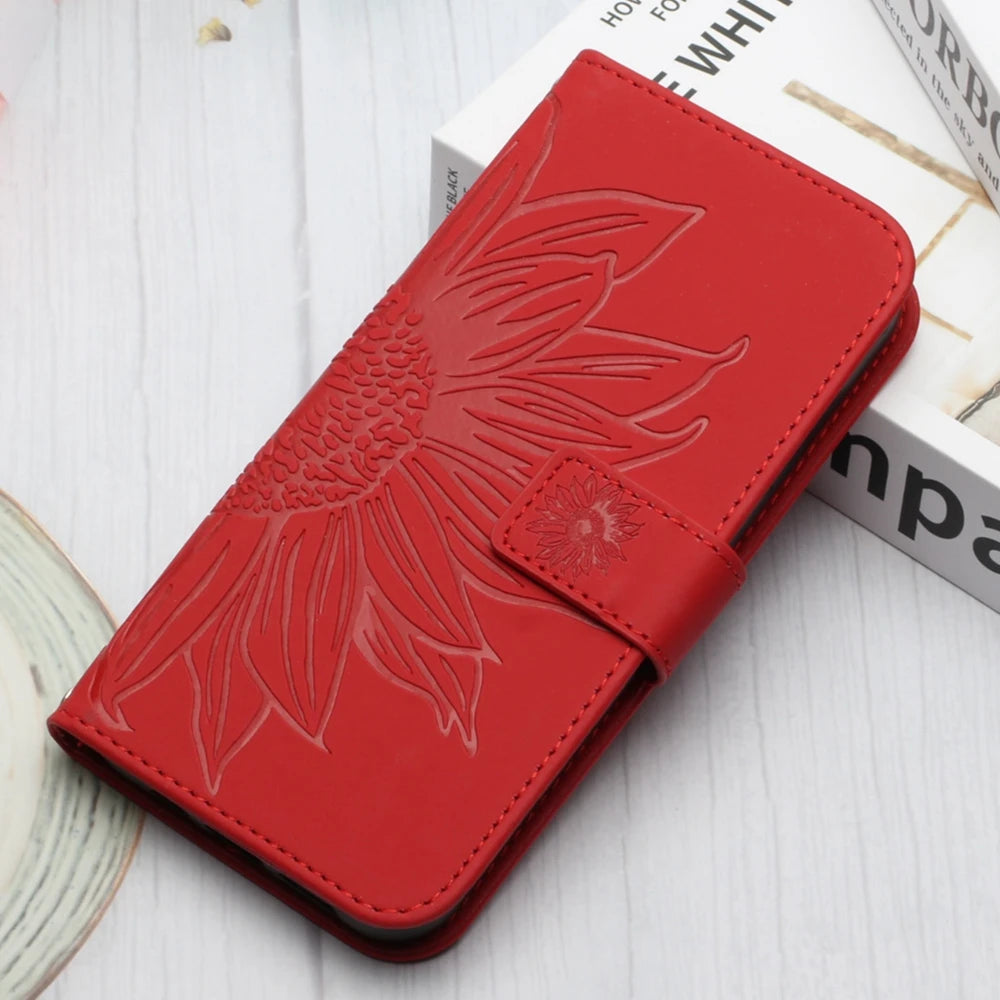 Sunflower Leather Wallet Flip Phone Case for iPhone 16 15 14 13 12 11 Pro Max Plus Mini X XR – Card Holder, Shockproof, Stand, Magnetic Closure