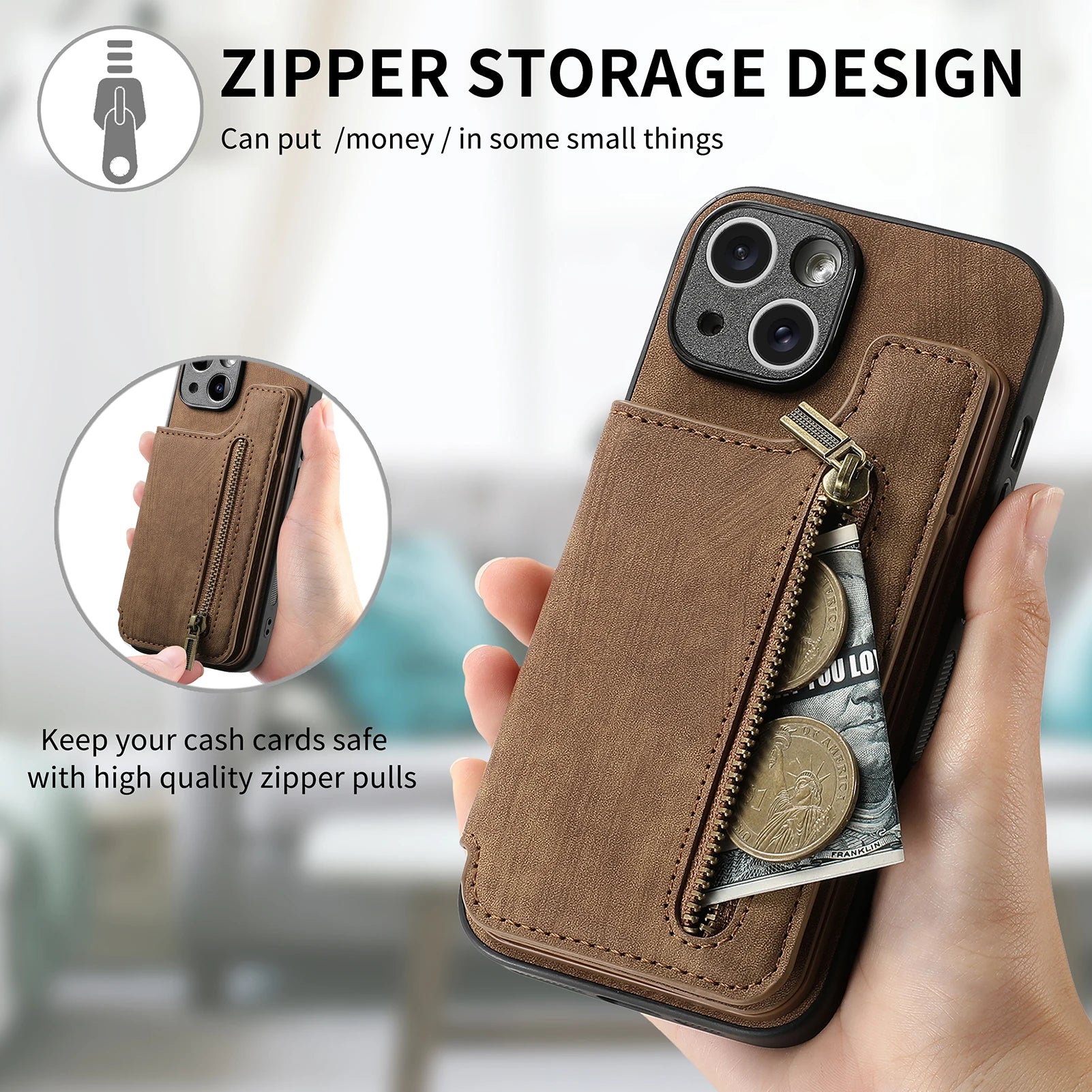 Zipper Cards Solt Wallet Leather Phone Case For iPhone Pocket Magnetic Double Buckle