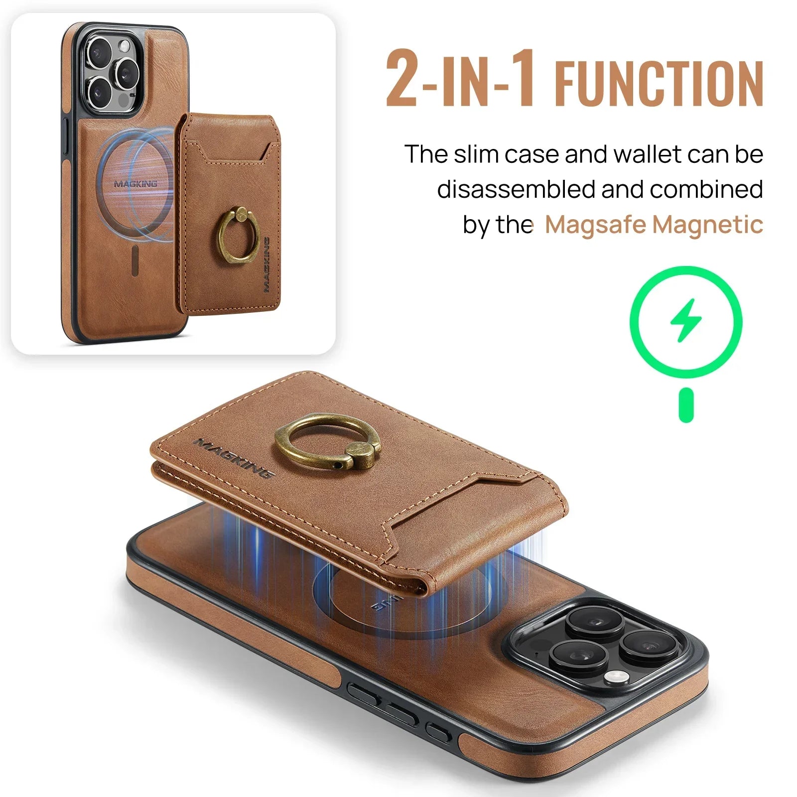 2 in 1 Detachable Leather Cards Solt Ring Holder Wallet Case For iPhone 16 15 14 13 12 Pro Max Plus Magnetic Vertical Bag Cover